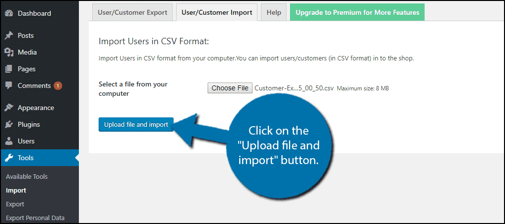 Click on the Upload file and import button
