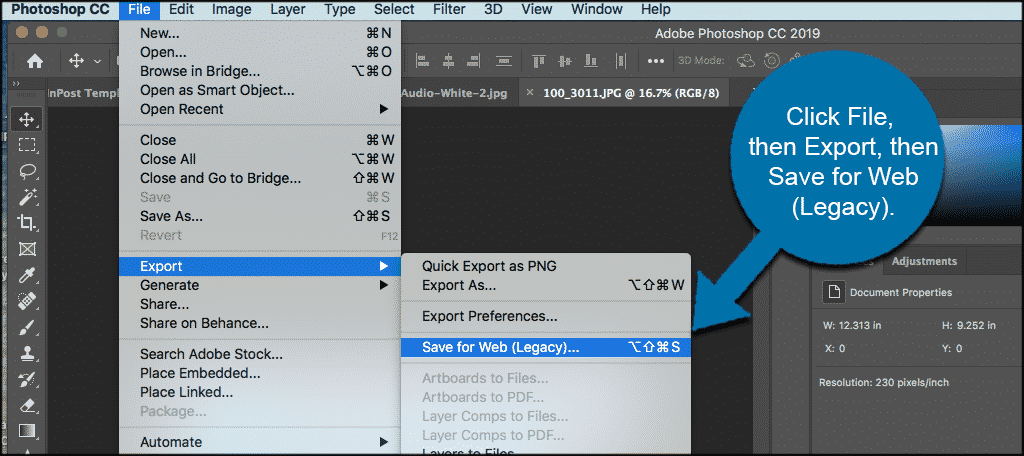 In photoshop click file then export then save for web legacy