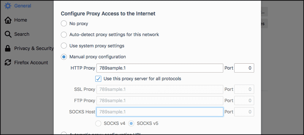 Connection settings in Firefox