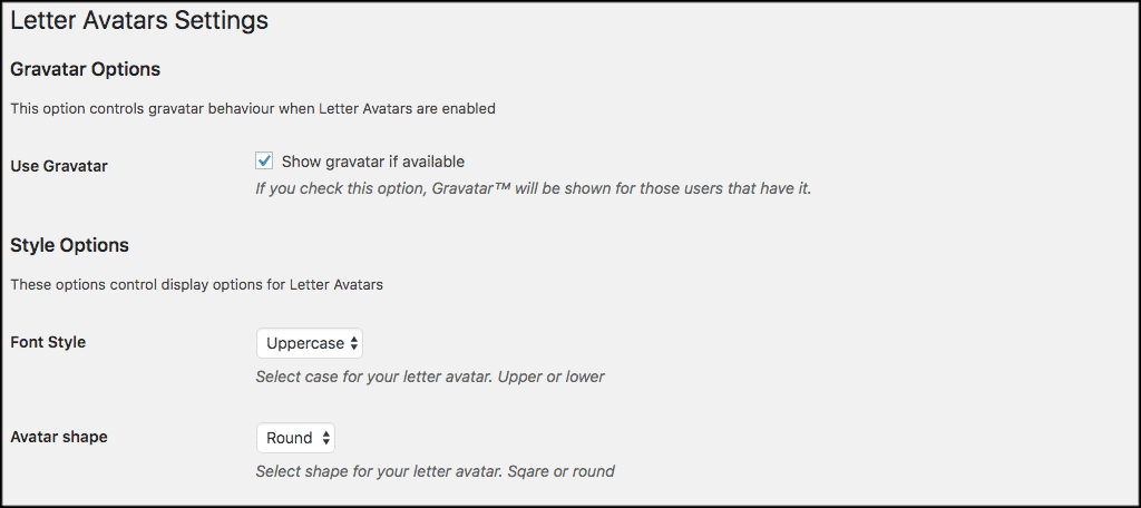 Letter avatars setting and configuration options