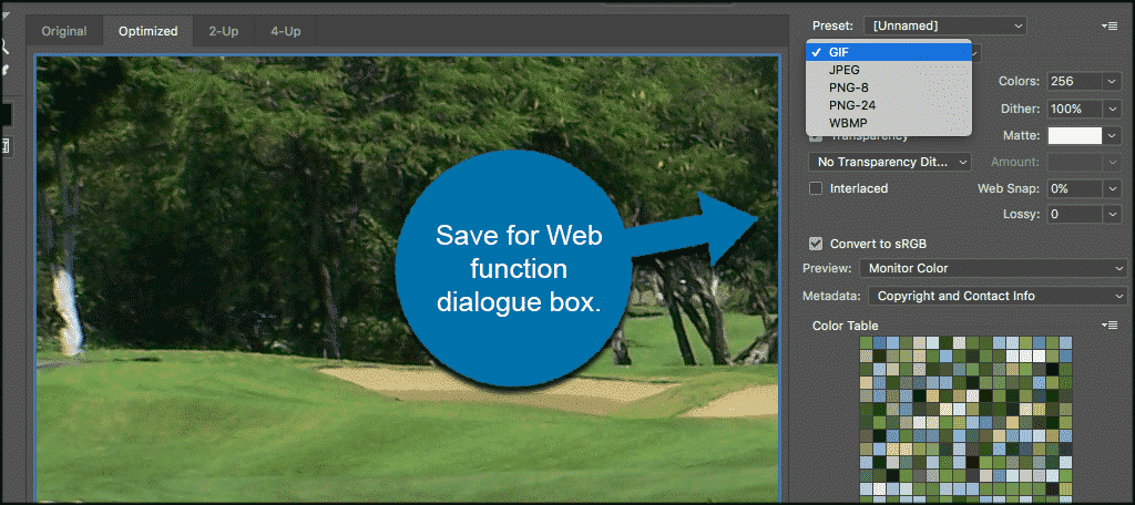 Photoshop save for web function dialog box