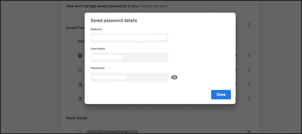 Popup box with saved password details