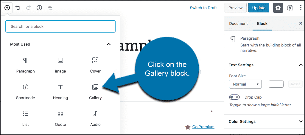 Click on and select the gallery block