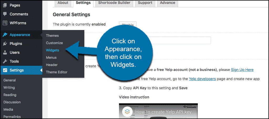 Click on appearance then click on widgets to access yelp reviews