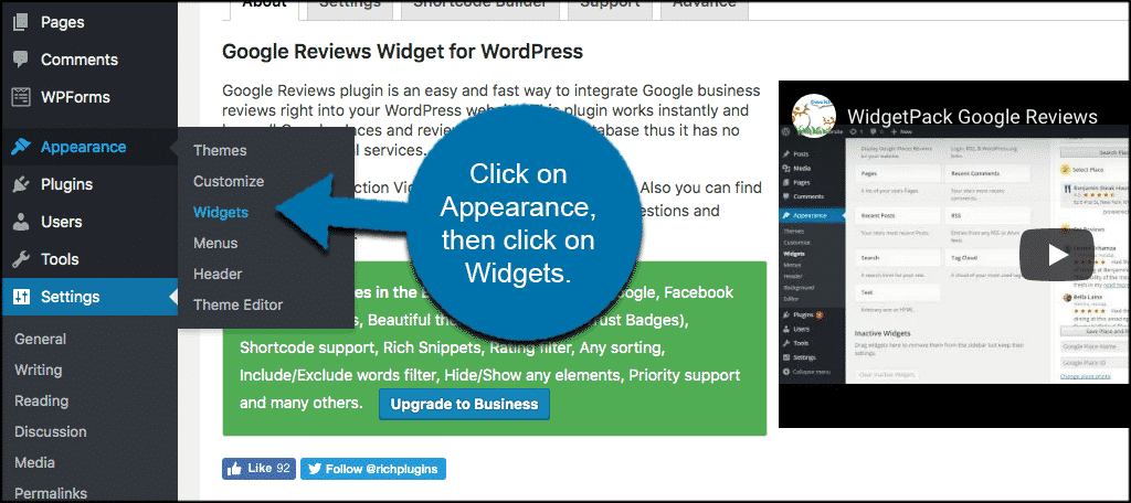 Click on appearance then click on widgets to access google reviews