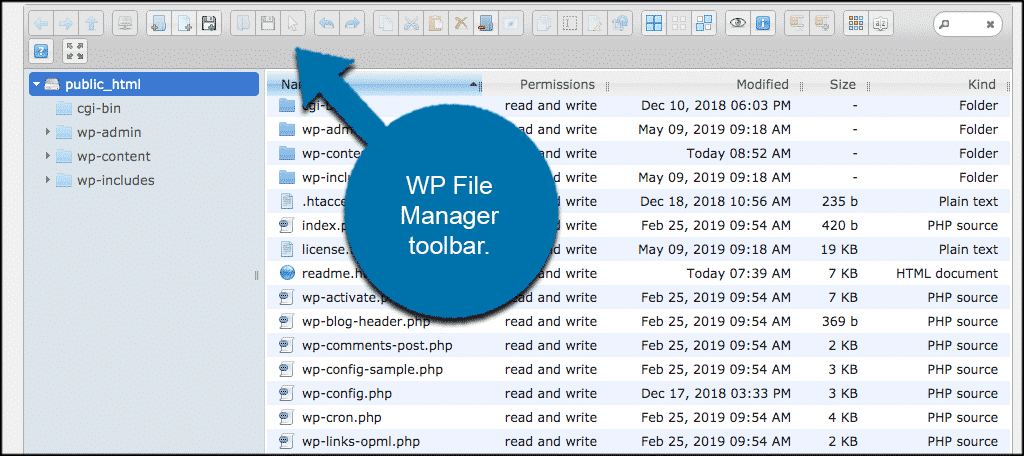 Панель инструментов файлового менеджера WP