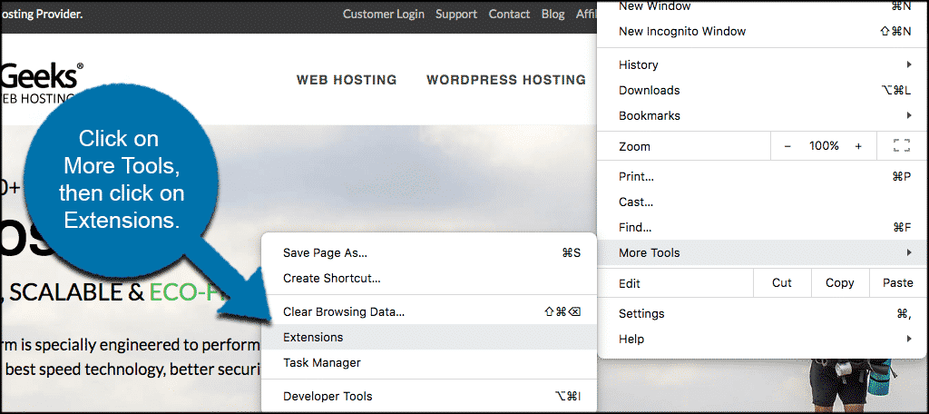 Click on more tools and then click on extensions