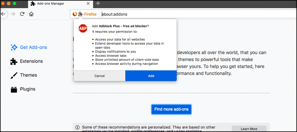 Notification popup for firefox extension installation