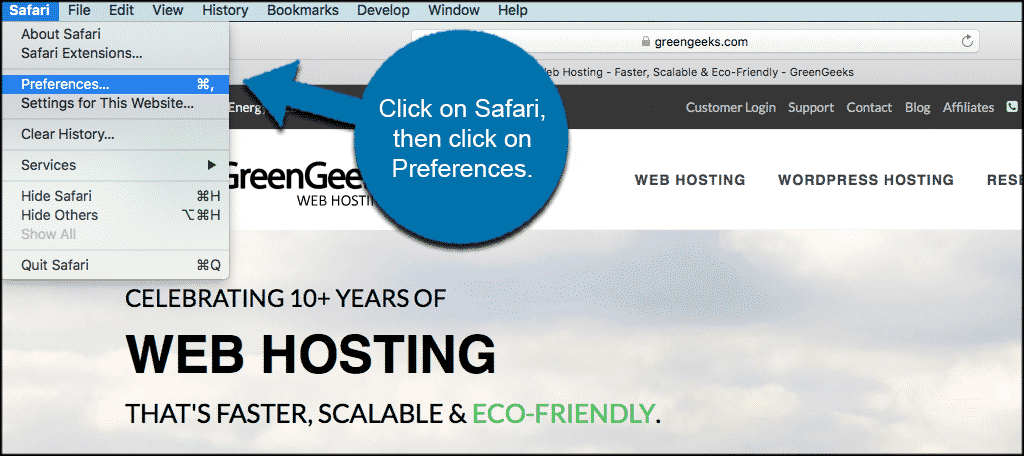 Click on safari then click on preferences in the safari browser