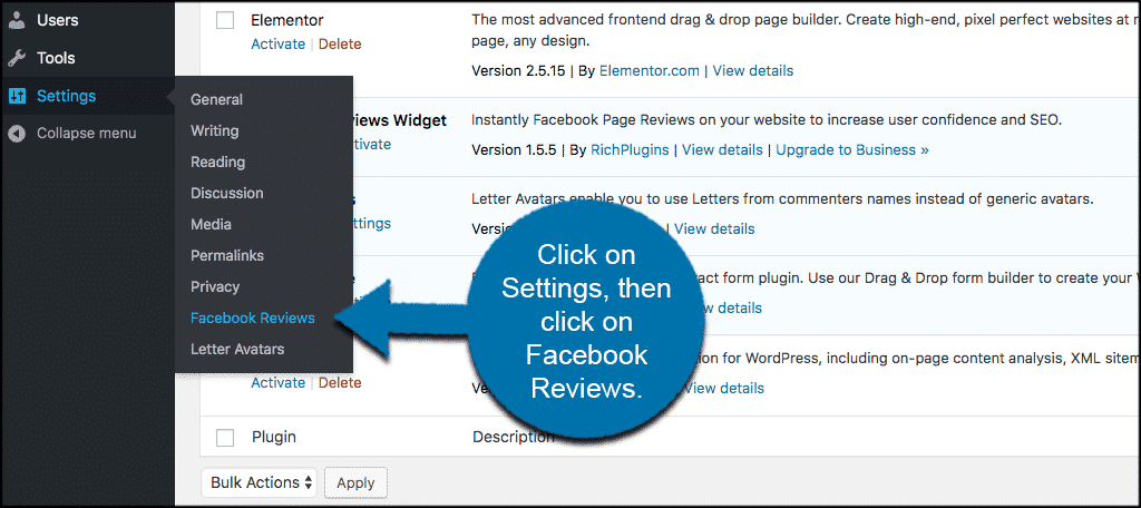 Click on settings then click on facebook reviews