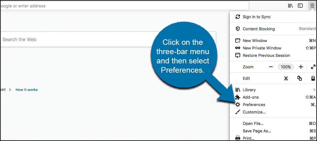 Click on the three bar menu and then click on preferences in the firefox browser