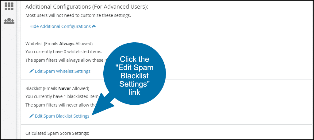 Haga clic en el enlace "Editar la configuración de la lista negra de spam", paso 3