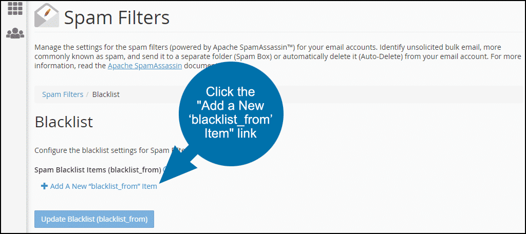 Haga clic en el enlace "Agregar un nuevo elemento 'blacklist_from'", paso 4