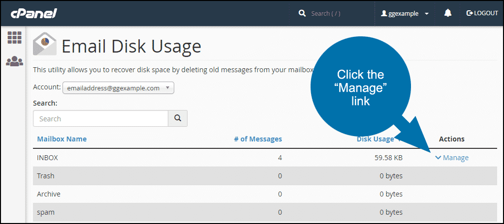 cPanel email disk usage, step 3