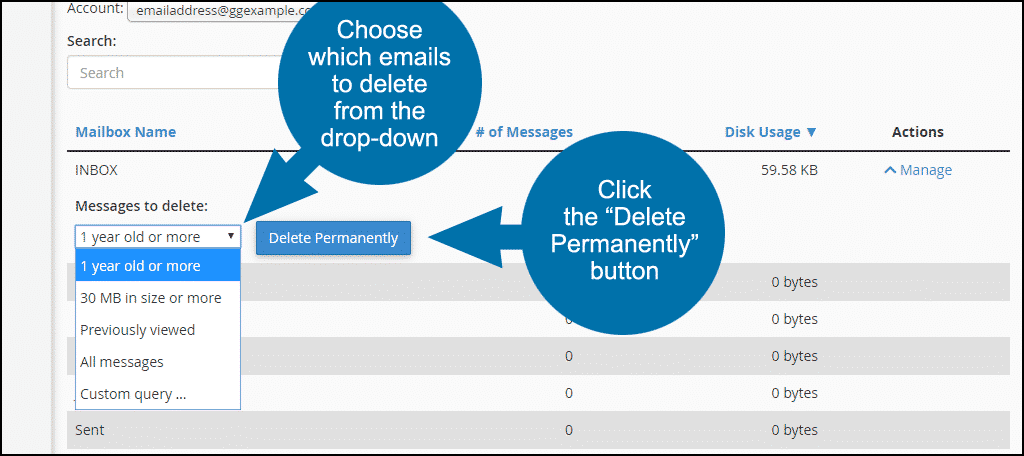 cPanel email disk usage, step 4