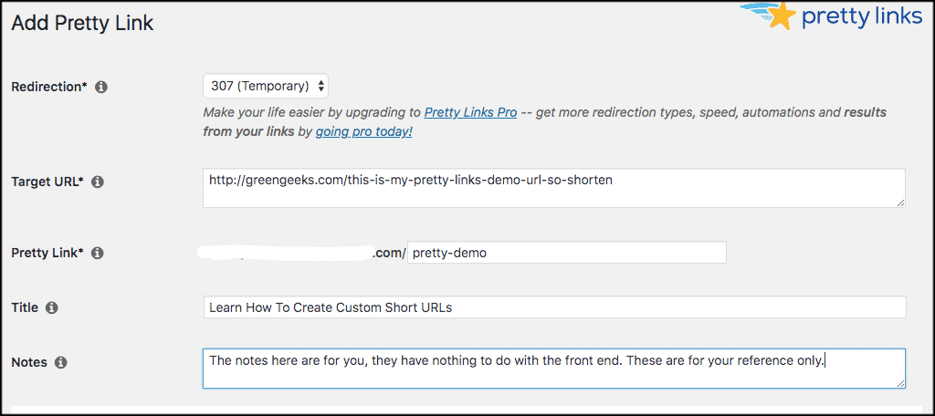 Fill out settings to add custom short URLs