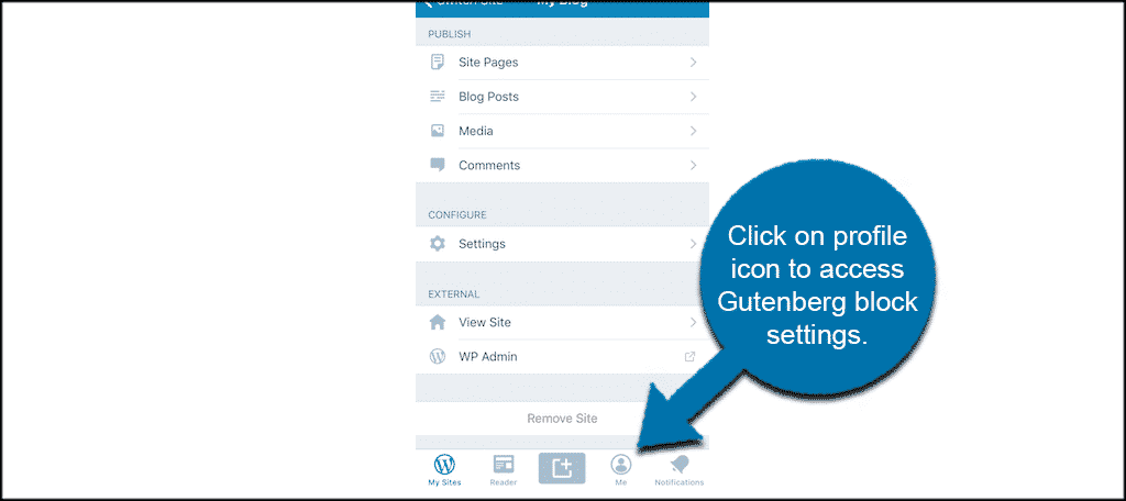 Click profile to access gutenberg blocks