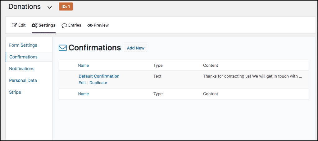 Confirmations settings page