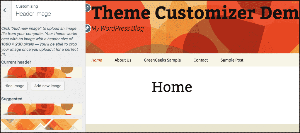 Header image panel in wordpress theme customizer