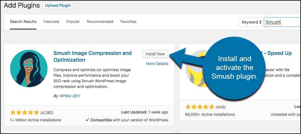 Install and activate smush wordpress image compression tool