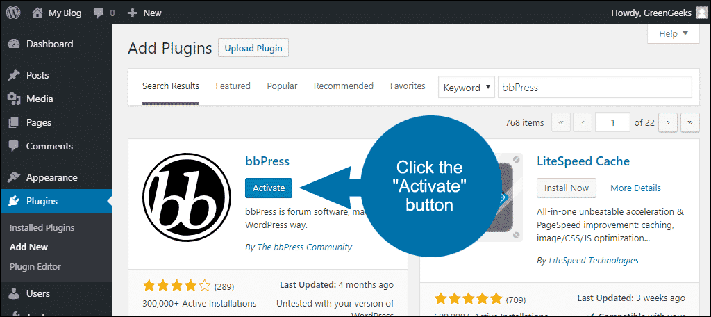 click to activate the WordPress bbPress plugin