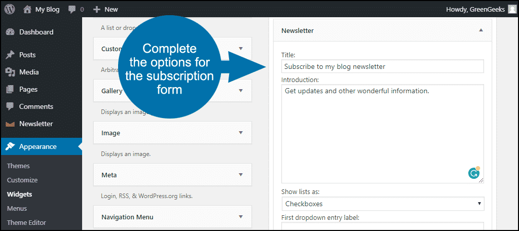 complete the options for the subscription form