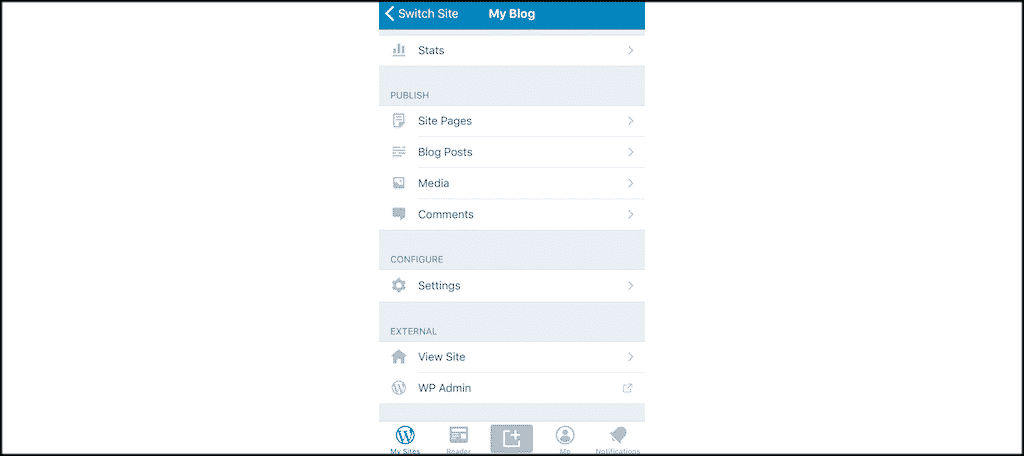 WordPress app dashboard