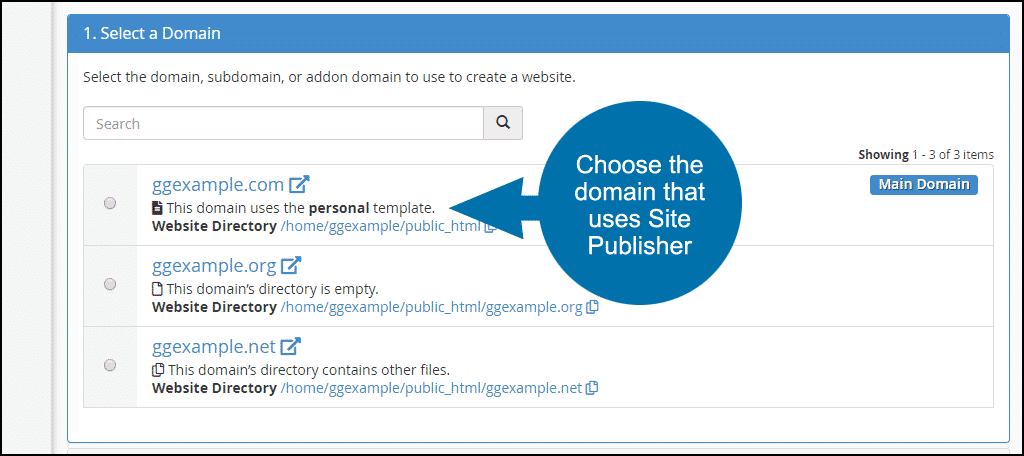 choose the domain that uses Site Publisher