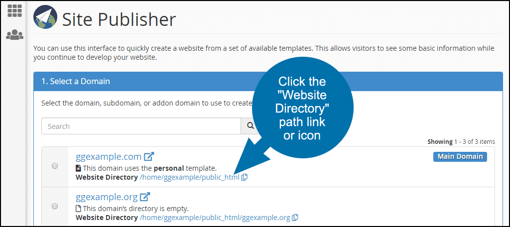 click the "Website Directory" path link or icon for the Site Publisher domain
