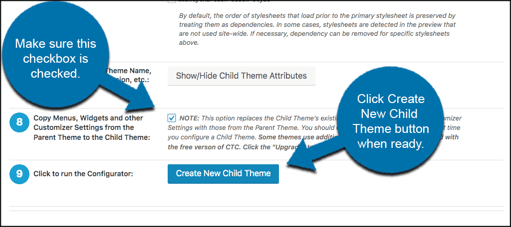 Create new wordpress child theme button