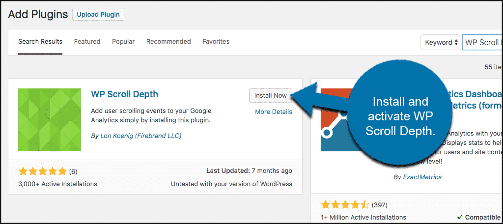 INstall and activate wp scroll depth tracking plugin