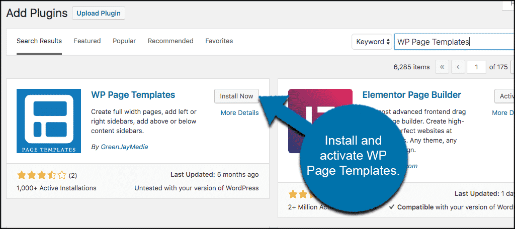 INstall and activate wp page templates