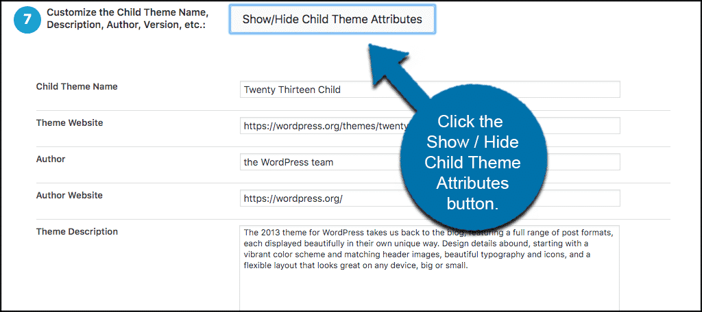 Show or hide child theme attributes