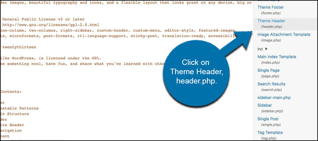 Click on the header.php file