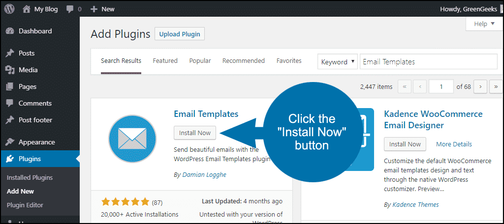 click to install the WordPress Email Templates plugin