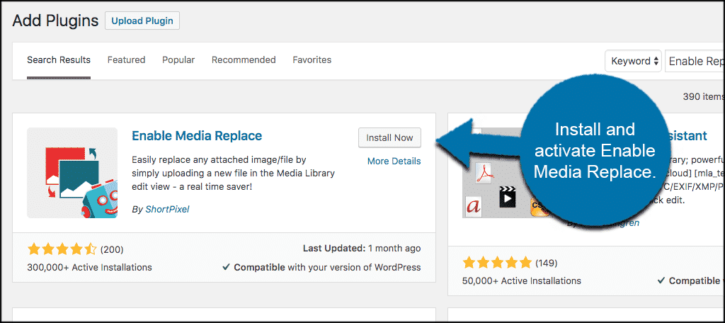Install and activate replace wordpress media files plugin