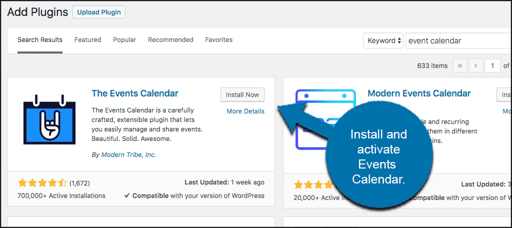 Install and activate wordpress events calendar