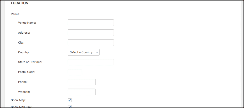 Set wordpress events calendar location