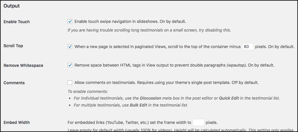 WordPress testimonials plugin output options