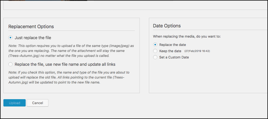 Replace wordpress media files options