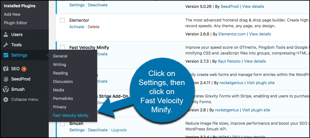 Haga clic en la configuración y luego en la velocidad rápida minify