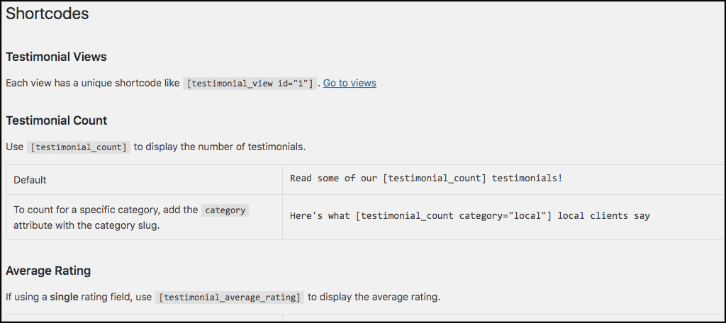 Shortceodes for wordpress testimonials plugin