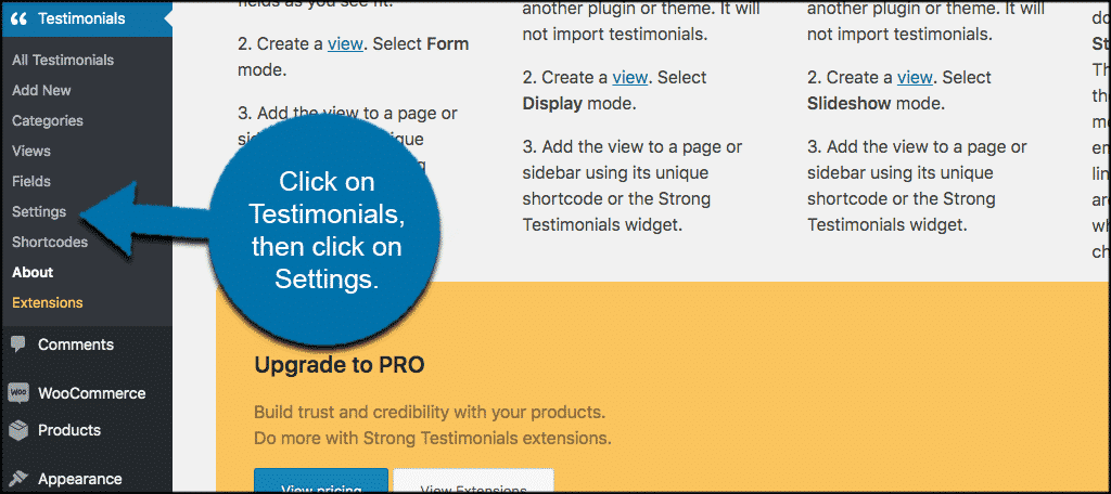 Click testimonials then settings