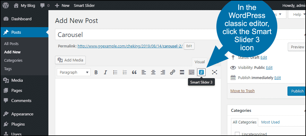 editor clásico, haga clic en el icono "Smart Slider 3"