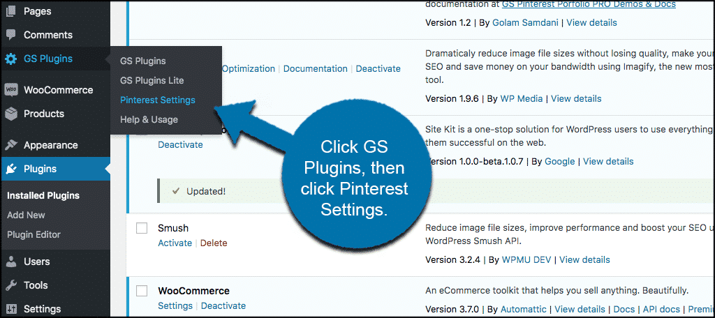 Click GS plugins then pinterest settings