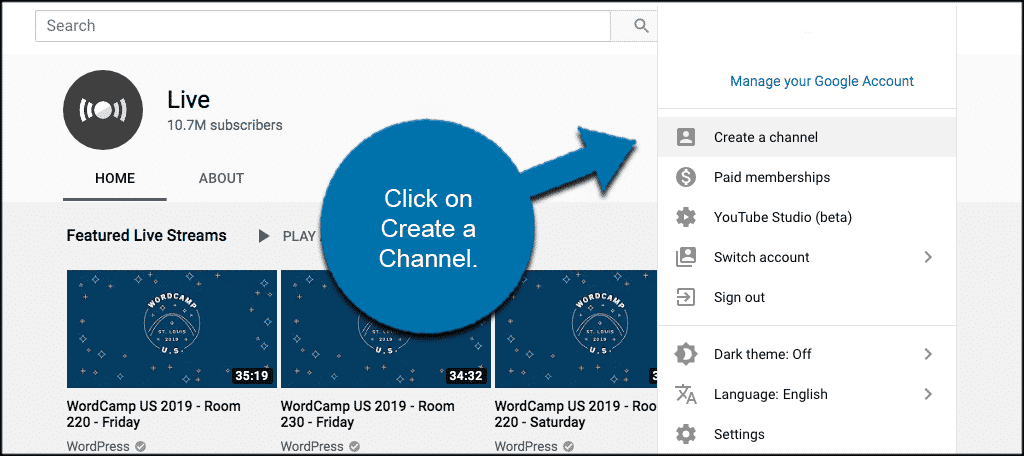 Click the create a channel option