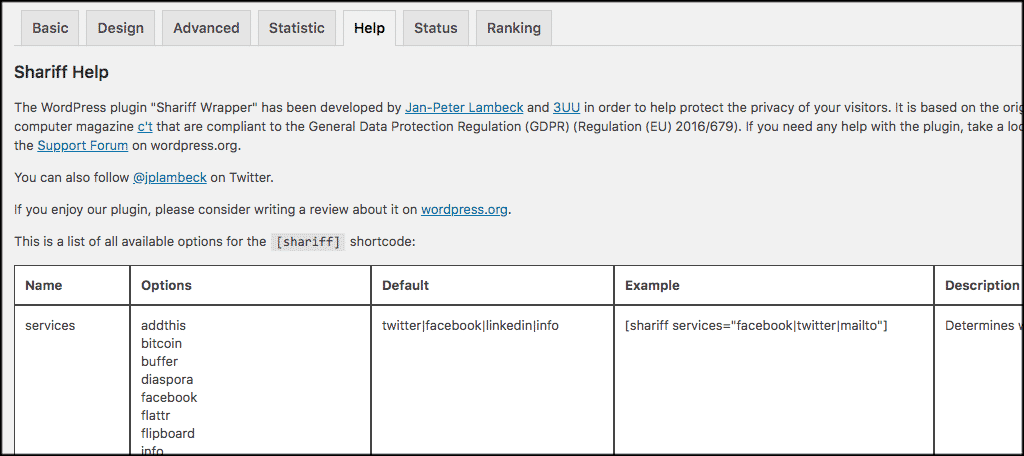 Help tab for Shariff