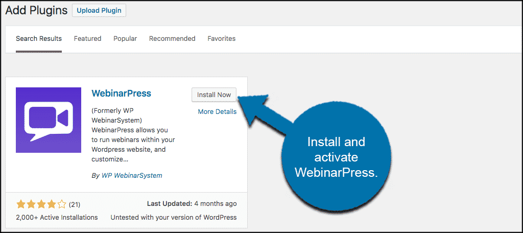 Install and activate webinars in wordpress plugin