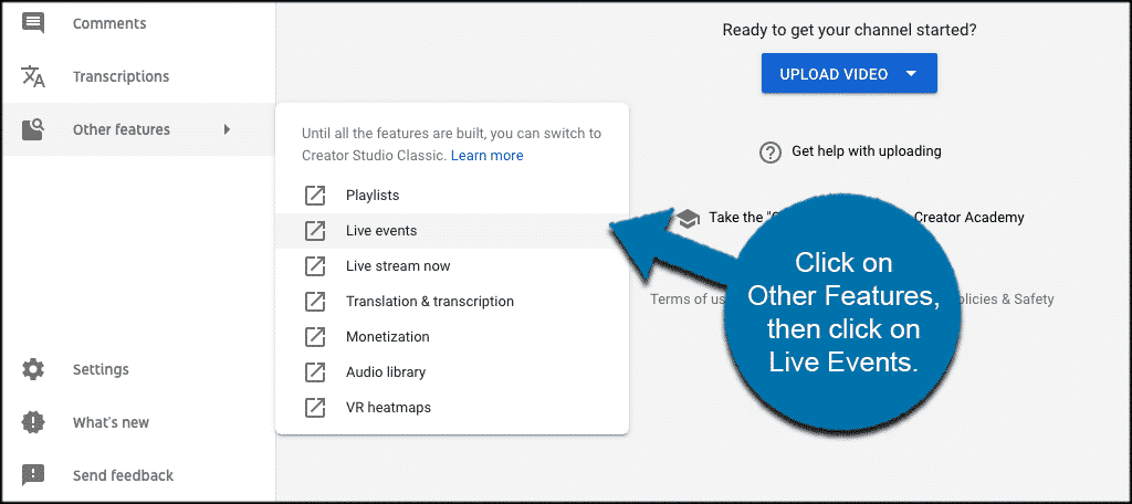 Clcick other features then live events