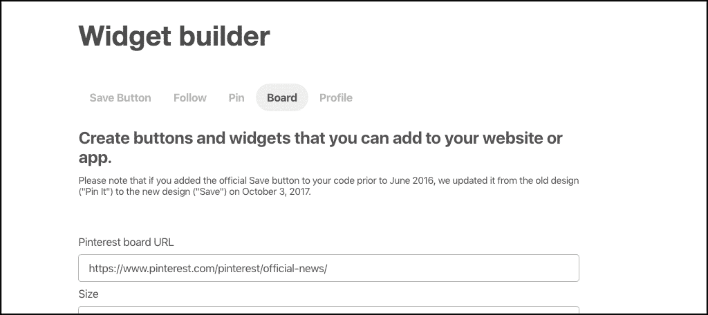 Pinterest widget builder